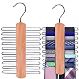 JS HANGER Wooden Necktie and Belt Hanger 2-Pack, Natural Finish Wood Center Organizer and Storage Rack with a Non-Slip Clips Finish - 20 Hooks, 360 Degree Swivel Space Saving Organizer for Men