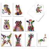 Funky Rainbow Wildlife, Box of 10 Blank Watercolor Note Cards with Envelopes - All Occasion Blank Greeting Cards - Cute Animal Thank You Notecard, Appreciation Stationery 4 x 5.12 Inch M4948OCB-B1x10