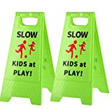 CERLMLAND Slow Kids at Play! 2 pack Green Child - Safety Slow-Down-double-sided - signs , Black text and red graphics Easier to identify,Yard Signs for Schools,Neighborhoods,Park,Day Cares,Home Use for Street, Sidewalk,Driveway