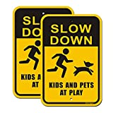 ZHG Slow Down Kids and Pets at Play Signs 2-Pack, Reflective Metal Children Playing Safety Signs, 18” x 12” Rust Free Aluminum, UV Protected Neighborhood Street Caution Yard Signs