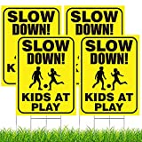 Outus 4 Pieces Slow Down Kids at Play Sign with Metal Stake, 12 x 16 Inch Kids at Play Safety Signs, Double Sided Child Safety Caution Signs, Children Sign for Street, Lawn Neighborhoods, Yellow