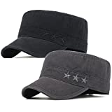 2 Pack Men's Cotton Military Caps Cadet Army Caps Vintage Flat Top Cap (Black/Dark Grey)