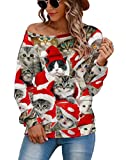 SENFURE Women Cat Meow Santa Hat Print Sweatshirt Novelty Ugly Christmas One Shoulder Pullover Sweatshirt Clothes, Cat, X-Large