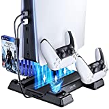 VOYEE Stand Compatible with PS5 Console & Accessories, with 3 Levels Cooling System/Dual Controller Charger Station/ Game Disc Slots Compatible with PlayStation 5 Digital/Disc Edition - Black