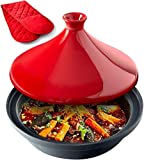 Uno Casa Tagine Pot moroccan for cooking - 3.65-Quart Moroccan Tajine with Enameled Cast Iron Base and Ceramic Cone-Shaped Lid, High-Quality Cookware- Red Double Oven Mitts Included