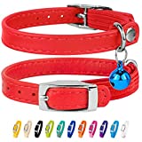 CollarDirect Leather Cat Collar, Cat Safety Collar with Elastic Strap, Kitten Collar for Cat with Bell Black Blue Red Orange Lime Green (Neck Fit 9"-11", Red)