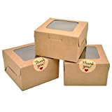 50 Pack Brown Bakery Boxes, 4x4x2.5 Inches Small Pastry Treat Boxes with Window Gift Packaging Boxes for Cookies, Pastries, Mini Cakes, Donut, Pie Slice, Stickers Included