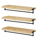 GREENSTELL Floating Shelves Wall Mounted, Solid Wood Wall Shelves with Towel Bar, Set of 3 Rustic Floating Decoration Wall Display Shelf for Home Decor Bedroom, Bathroom, Living Room, Kitchen Natural
