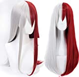 Anogol Hair Cap+Silver Half Red Long Wavy Cosplay Wig With Bangs Ombre Synthetic Wigs Hair