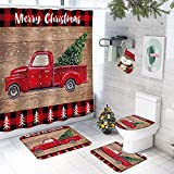 4 Piece Bathroom Set, Christmas Truck with Xmas Trees Red Black Buffalo Plaid Shower Curtain and Bath Mat Set with Non-Slip Rug, Toilet Lid Cover Modern Waterproof Shower Curtain Set 72x72 Inch