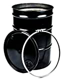 55 Gal Steel Drum Open-Head | Black with Bungs Lid Cover | Non-Lined Interior | Bolt Ring Closure