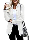 Dokotoo Women's Denim Jean Jacket Oversize Vintage Denim Jacket Long Sleeve Boyfriend Mid Long Denim Jacket Coat Classic Distressed Fray Hem Tassels Denim Trucker Jackets,US 4-6(S),White