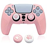 BRHE PS5 Controller Skin Grip Cover Anti-Slip Silicone Protector Rubber Case Cute Kawaii Accessories Set Gamepad Joystick Shell with 2 Thumb Grip Caps (Full Covered, Pink)