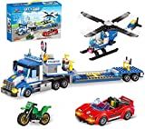 City Police Catch Thief Building Kit with City Police Helicopter Transport Truck Toy, Action Cop Helicopter, Motorbike, and Getaway Sports Car for Boys and Girls 6-12 (469 Pieces)