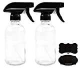 8-Ounce Clear Glass Spray Bottles (2-Pack); Boston Round Bottles w/ 3-Setting Adjustable Black Heavy Duty Sprayers & Chalk Labels