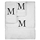 Monogrammed Towel Set, Personalized Gift, Set of 3- Black Block Letter Embroidered Towel - Extra Absorbent 100% Turkish Cotton - Soft Terry Finish - Initial M White