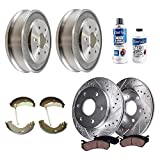 Detroit Axle - Front Drilled Rotors Ceramic Brake Pads + Rear Drums Brake Shoes + Brake Cleaner Fluid Replacement for Chevy GMC Silverado Sierra 1500 [w/Rear Drum ONLY] - 10pc Set