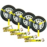 VULCAN Car Tie Down - Flat Hooks - Lasso Style - 2 Inch x 96 Inch, 4 Pack - Classic Yellow - 3,300 Pound Safe Working Load