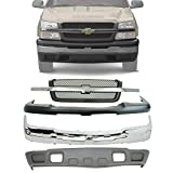 New Front Bumper Chrome Steel + Grille + Upper Cover + Lower Valance Air Deflector Textured without Fog Light Holes For 2003-2006 Chevrolet Silverado 1500 Direct Replacement 15139805 19168629 19150310