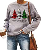 Merry and Bright Shirt Women Funny Leopard Printed Plaid Christmas Trees Long Sleeve Sweatshirts Xmas Graphic Tees Grey