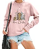 Women Christmas Sweatshirt Leopard Xmas Tree Print Blouse Funny Letter Graphic Top Long Sleeve Shirt Pullover Tee