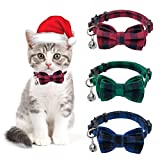 PAWCHIE Breakaway Bowtie Cat Collar with Bells 3 Pack - Christmas Plaid Kitten Safety Collars with Removable Bow Tie, Quick Release