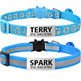 TagME 2 Pack Personalized Reflective Cat Collars Breakaway with Bell, 7-12 Inch Adjustable Pet Collars for Boy & Girl Cats, Sky Blue
