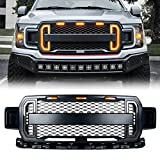 ToxicStorm Front Grill Mesh Grille Raptor Style Replacement for Ford F150 2018 2019 2020 with DRL & Turn Signal Lights and 3 Amber LED Lights( Matte Black)