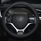 QianBao Genuine Leather Car Steering Wheel Cover Black for 13.5 to 14.2 inches Steering Wheels, Sweat Absorbent (Black/Black)