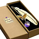 Metal Feather Bookmark,with 3D Butterfly and Glass Beads Dry Flower Pendant, Gift for Reader, Woman and Kids - Gold Feather and Purple Flower