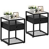 VECELO Modern Nightstands,End Side Drawer, Black Bedside Table with Tempered Glass Top and Metal Shelf, Decoration for Living Room Bedroom Lounge, Set of 2