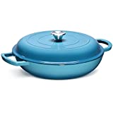 CSK 4 Quart Cast-Iron Braiser with Stainless Steel Knob-Heavy Duty Casserole Skillet with Loop Handle, Porcelain Enameled Surface, No Seasoning Require, Heating Resistant, Dishwasher Safe, Blue.