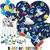 Serves 24 Ultimate Outer Space Party Supplies | 9" Plates 7" Plates 24 Cups 2 Table Cover 24 Napkins 24 Straws 1 Blast off Birthday Banner 14 Swirls 12 Photo Props Cake Topper 30 Balloons 12 Candles
