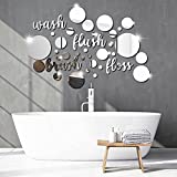 30 Pieces Bathroom Wall Decals Wash Flush Brush Floss Stickers 3D Round Mirrors Wall Art Decal Self Adhesive DIY Acrylic Mirror Decor Beautiful Art Words Decor for Home Bedroom Living Room (Silver)