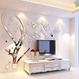 39 inch DIY Tree Acrylic Art 3D Mirror Flower Wall Sticker DIY Home Wall Decal Decoration Sofa TV Wall Removable Wall Sticker(Silver Left)