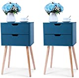 JAXPETY Set of 2 Nightstand 2 Drawers End Table Storage Wood Cabinet Bedroom Accent Side Table (Blue)
