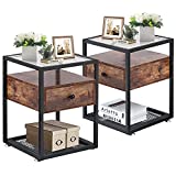 VECELO Modern Nightstand with Tempered Glass Top Hold up to 66 Pounds,End Side Table with Drawer and Sturdy Metal Frame and Shelf, Decoration for Living Room Bedroom Lounge, Set of 2, Rustic Brown