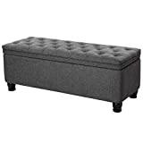 SONGMICS Storage Ottoman Bench, Linen Fabric Footstool with Foam Padded Seat, Solid Wood Legs, 46.5", Dark Gray
