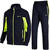TBMPOY Men's Essential Running Top & Bottoms Set Long Sleeve Training Wear(navy and fluorescent green,US L)