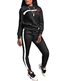 KANSOON Womens Stripe Patchwork Long Sleeve Sweatshirt Tops and Long Sweatpants Two Piece Tracksuit Outfits, Black, X-Large