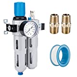 NANPU 1/4" NPT High Pressure Compressed Air Filter Regulator Lubricator Combo Water/Oil Trap Separator - Gauge(0-230 psi), Poly Bowl, Semi-Auto Drain, Bracket - 3 in 1 Two Unit