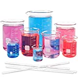 SUPERLELE 8pcs Glass Graduated Beaker Set 25, 50, 100, 200, 250, 400, 500, 1000ml, Glass Measuring Beakers with 4 Stirring Rods