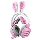 S21D Gaming Headset with Rabbit Ear, Surround Stereo Bass Sound, Noise Cancelling and Microphone, 3.5mm Wired Headphones with Volume Control Compatible for Laptop, Computer, PC, Pink