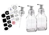 Prairie Essentials Foaming Soap Dispenser Pump 16 oz Glass Bottle 2 Pack with Custom Soap and Chalk Stickers and Extra Pump for Bathroom Vanities or Kitchen Sink Countertops