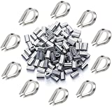 Onwon 100Pcs 1/16" Diameter Wire Rope Aluminum Crimping Loop Sleeves + 10Pcs M2 Stainless Steel Thimble Combo, Wire Rope Sleeves Aluminum Clip Fittings Cable Crimps