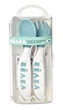 BEABA Second Stage Ergonomic Baby Cutlery, Spoon & Fork with Travel Case, Peacock