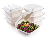 Disposable Clamshell To-Go Containers – Bagasse Fiber Biodegradable Containers with Lids for Takeout, Parties, & Holidays – Pack of 50 Chemical-Free, 1-Compartment Boxes by brheez, 8"x8", White