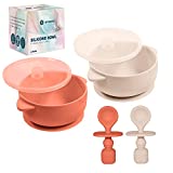 Silicone Suction Baby Bowl with Lid - BPA Free - 100% Food Grade Silicone - Infant Babies and Toddler Self Feeding (Sunrise / French beige)