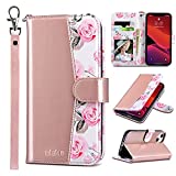 ULAK Compatible with iPhone 13 Wallet Case for Women, Premium PU Leather Flip Cover with Card Holder and Kickstand Feature Protective Phone Case Designed for iPhone 13 6.1 Inch, Pink Flower