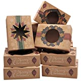 24 Foiled Kraft Christmas Cookie Boxes with Window, Treat Boxes with 3 Designs for Pastries, Cupcakes, Brownies, Gift-Giving, Doughnut and Cookie, Brown Kraft Bakery Boxes